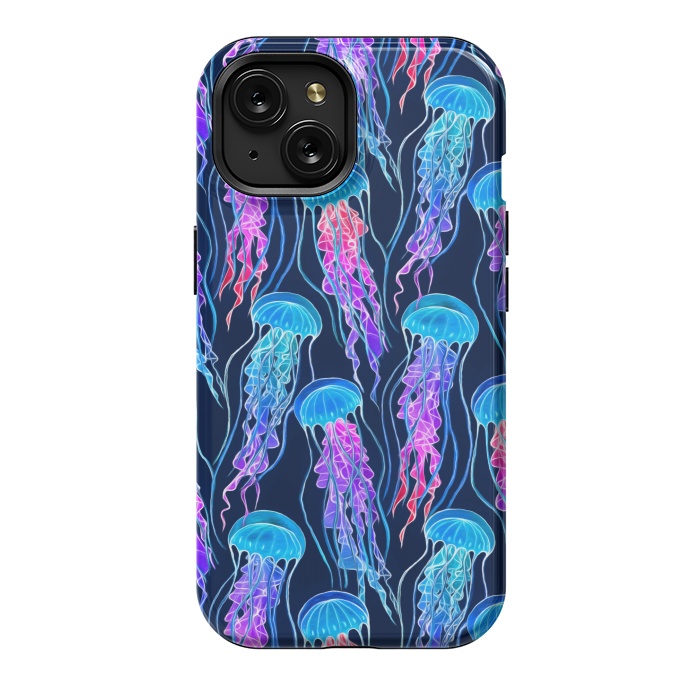 iPhone 15 StrongFit Luminescent Rainbow Jellyfish on Navy Blue by Micklyn Le Feuvre