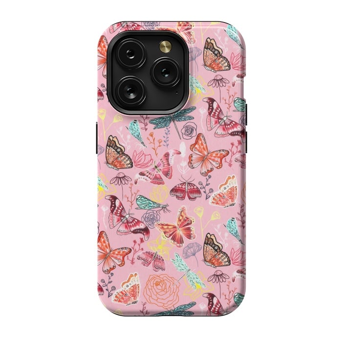 iPhone 15 Pro StrongFit Butterflies, Dragonflies and Moths on Pink  by Tigatiga