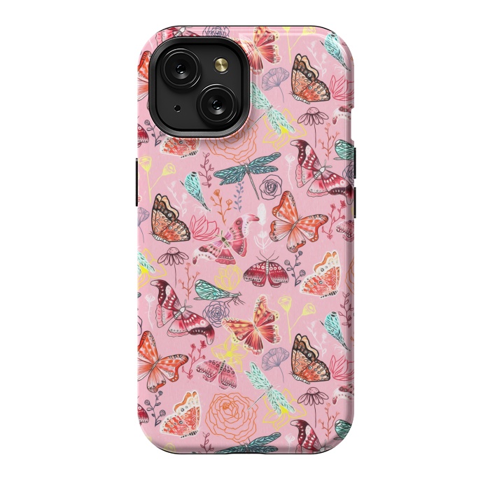 iPhone 15 StrongFit Butterflies, Dragonflies and Moths on Pink  by Tigatiga