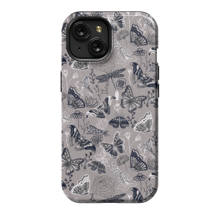iPhone 15 StrongFit Grey Butterflies, Dragonflies and Moths  by Tigatiga