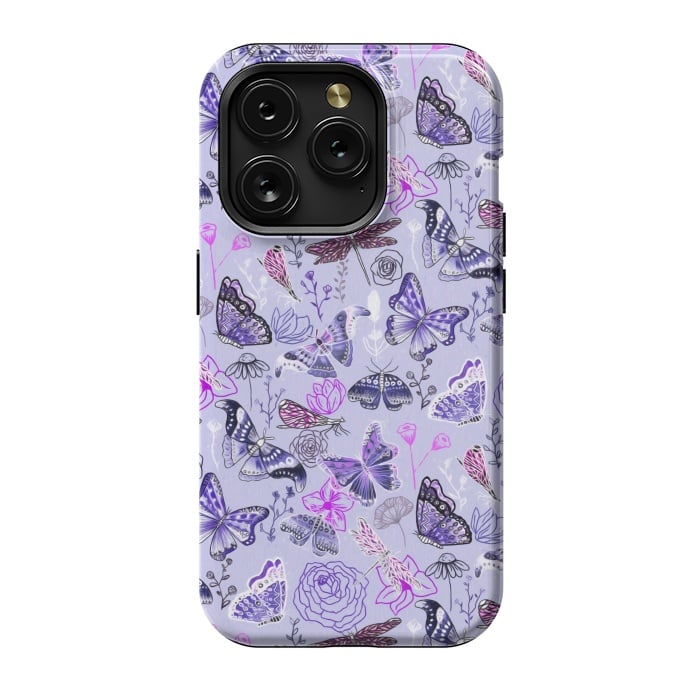 iPhone 15 Pro StrongFit Butterflies, Dragonflies and Moths on Purple by Tigatiga
