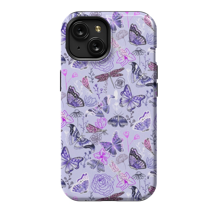 iPhone 15 StrongFit Butterflies, Dragonflies and Moths on Purple by Tigatiga