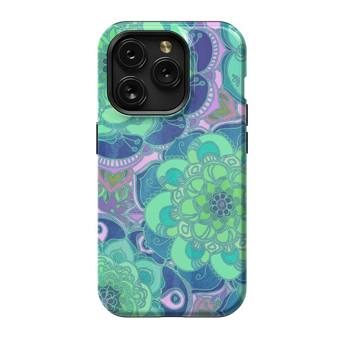 iPhone 15 Pro StrongFit Fantasy Flowers in Mint Green & Purple by Micklyn Le Feuvre