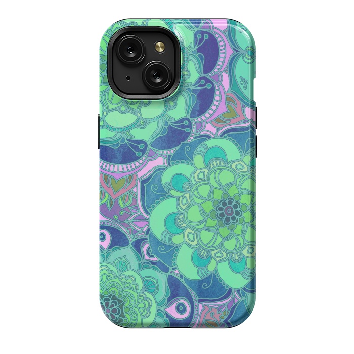iPhone 15 StrongFit Fantasy Flowers in Mint Green & Purple by Micklyn Le Feuvre