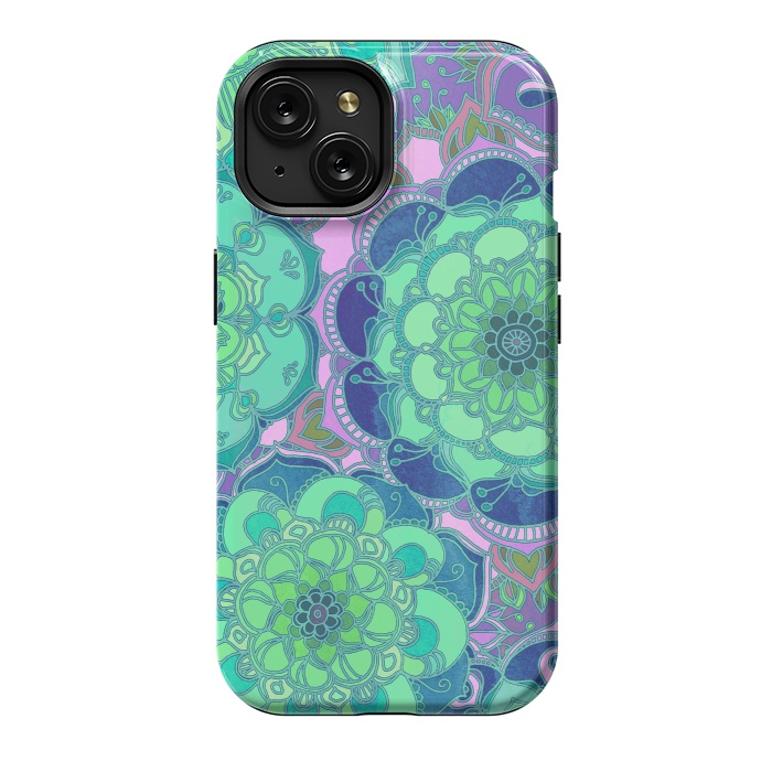 iPhone 15 StrongFit Fantasy Flowers in Mint Green & Purple 2 by Micklyn Le Feuvre