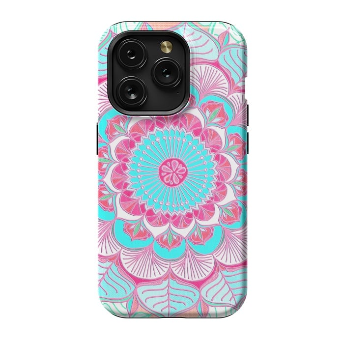 iPhone 15 Pro StrongFit Tropical Doodle Flower in Pink & Aqua by Micklyn Le Feuvre