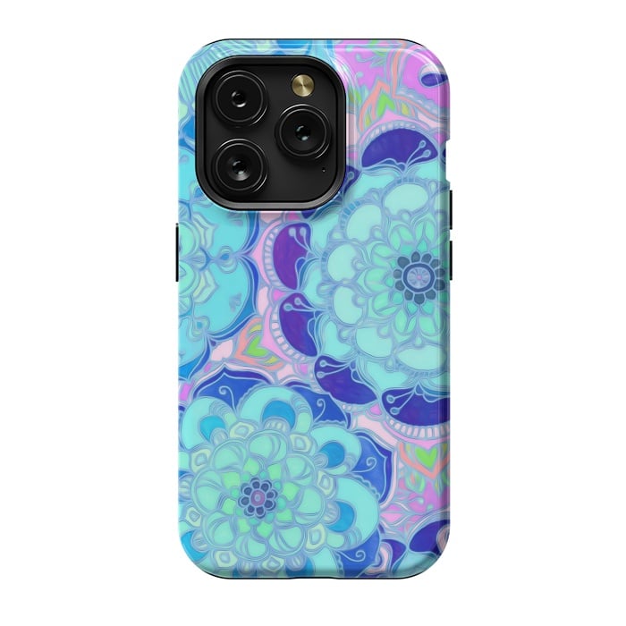 iPhone 15 Pro StrongFit Radiant Cyan & Purple Stained Glass Floral Mandalas by Micklyn Le Feuvre