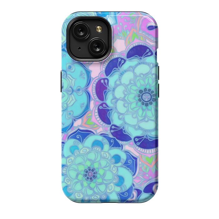 iPhone 15 StrongFit Radiant Cyan & Purple Stained Glass Floral Mandalas by Micklyn Le Feuvre