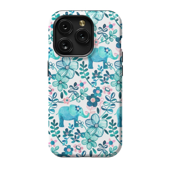 iPhone 15 Pro StrongFit Little Teal Elephant Watercolor Floral on White by Micklyn Le Feuvre