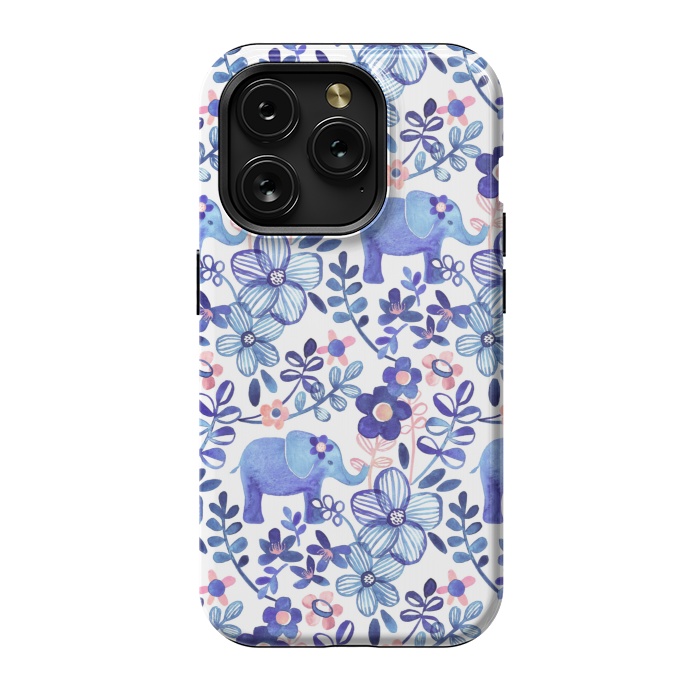 iPhone 15 Pro StrongFit Little Purple Elephant Watercolor Floral on White by Micklyn Le Feuvre