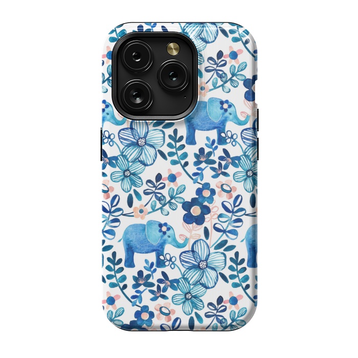 iPhone 15 Pro StrongFit Little Blue Elephant Watercolor Floral on White by Micklyn Le Feuvre