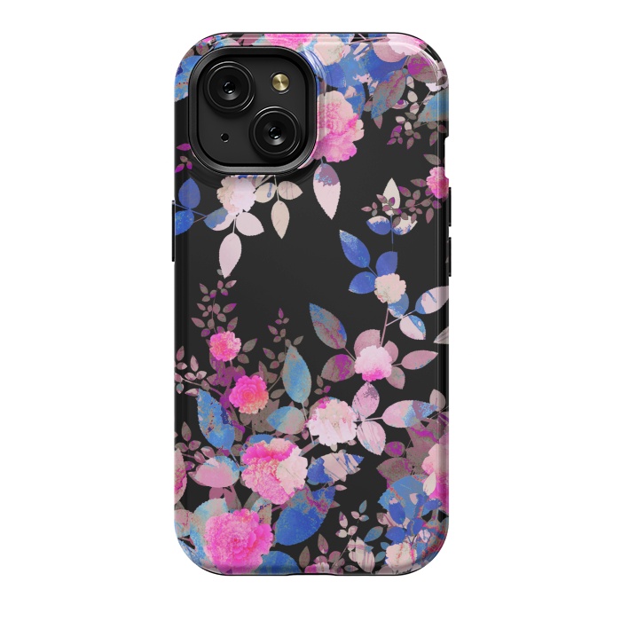 iPhone 15 StrongFit Blue magenta japanese roses on black by Oana 