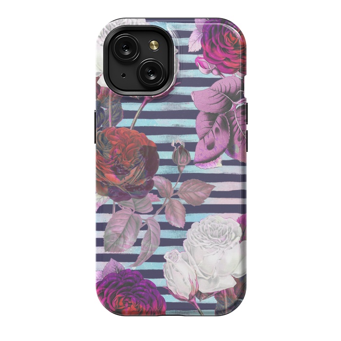 iPhone 15 StrongFit Roses on blue watercolor stripes botanical illustration by Oana 