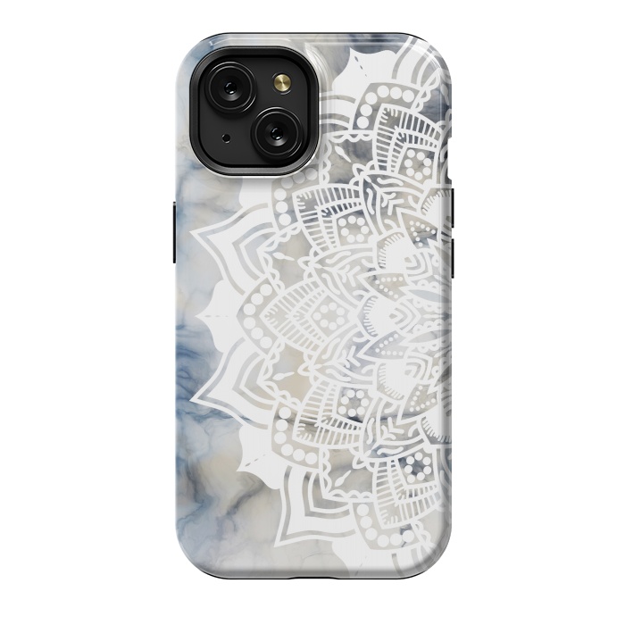 iPhone 15 StrongFit Cut out white lace mandala on marble by Oana 