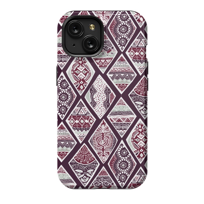 iPhone 15 StrongFit Tribal Diamonds On Red, White & Sage  by Tigatiga