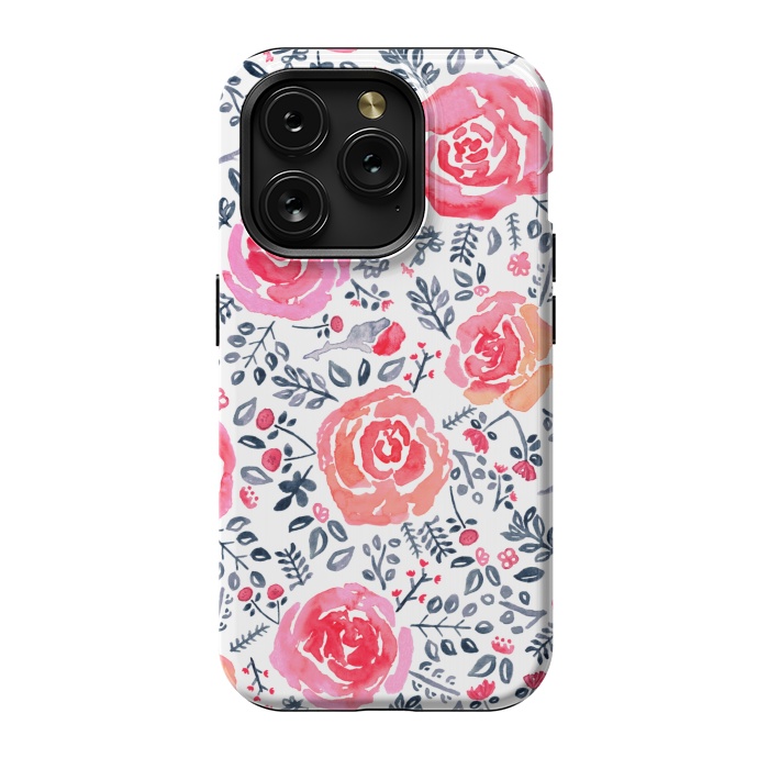 iPhone 15 Pro StrongFit Red, Magenta & Navy Watercolor Roses  by Tigatiga