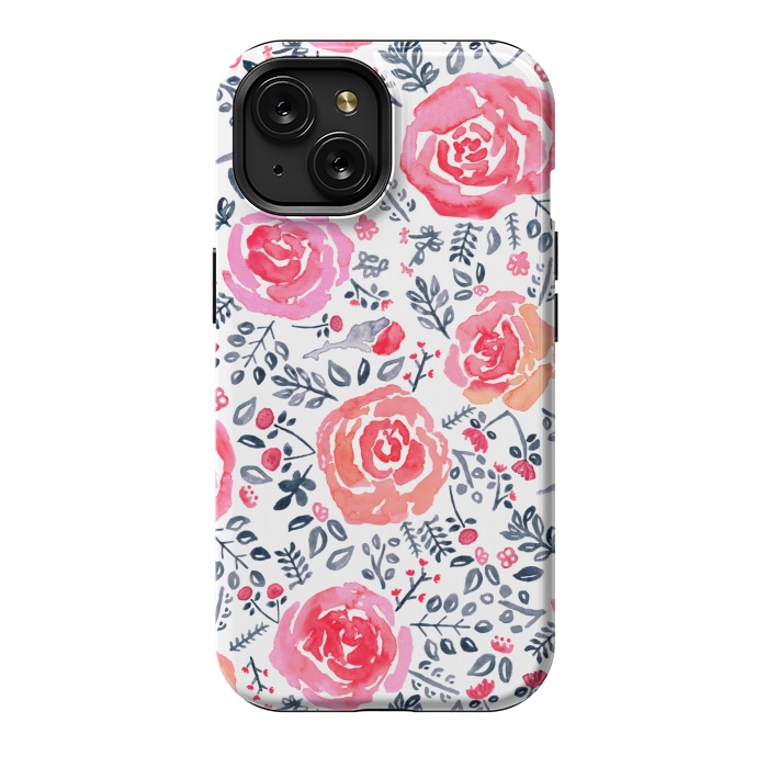iPhone 15 StrongFit Red, Magenta & Navy Watercolor Roses  by Tigatiga