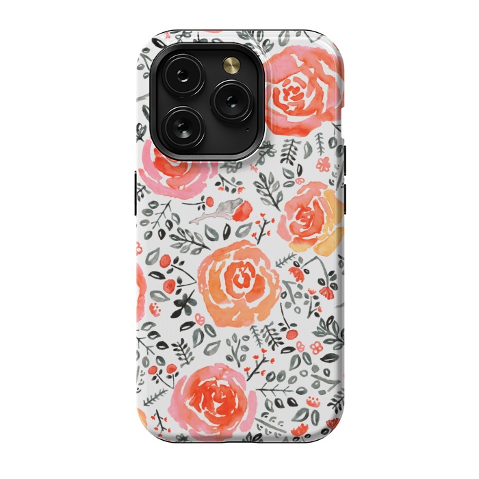 iPhone 15 Pro StrongFit Orange, Red & Grey Watercolor Roses  by Tigatiga