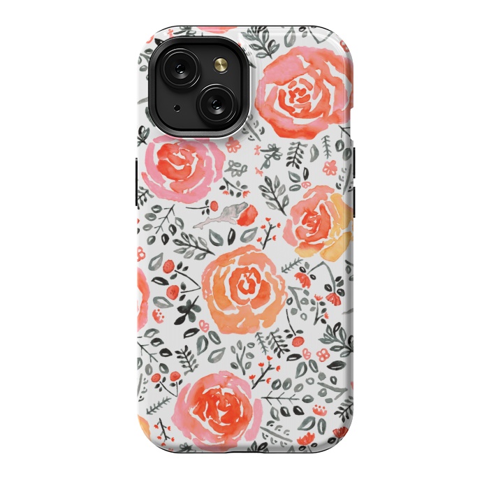 iPhone 15 StrongFit Orange, Red & Grey Watercolor Roses  by Tigatiga