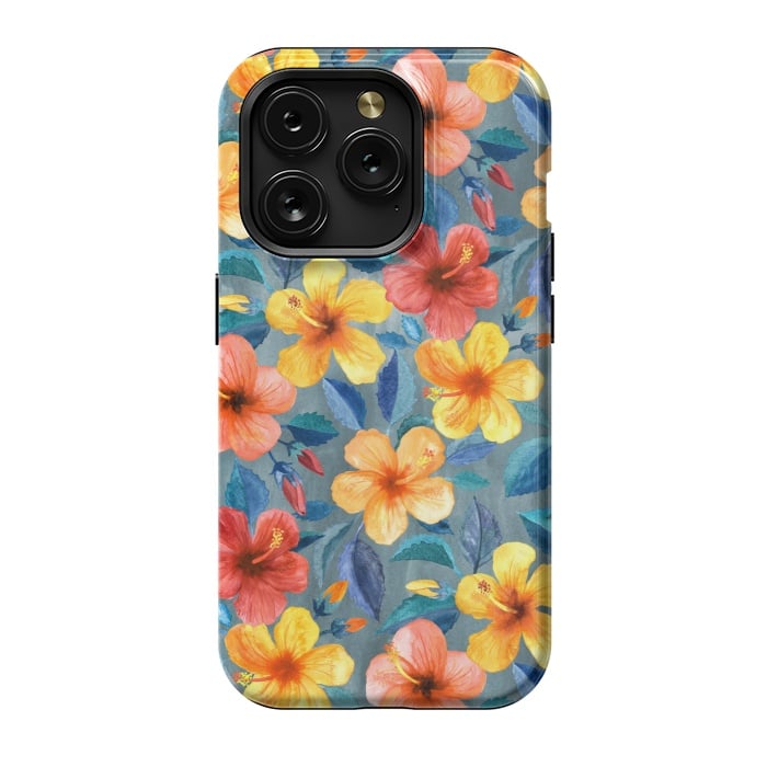 iPhone 15 Pro StrongFit Bright Little Summer Hibiscus Blooms in Watercolor by Micklyn Le Feuvre
