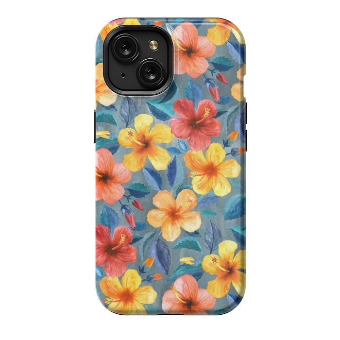 iPhone 15 StrongFit Bright Little Summer Hibiscus Blooms in Watercolor by Micklyn Le Feuvre