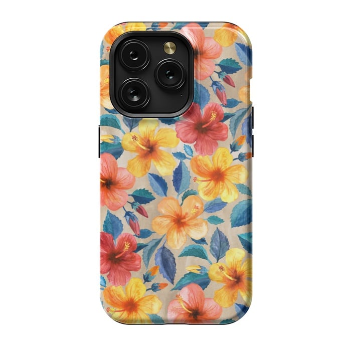 iPhone 15 Pro StrongFit Little Tropical Hibiscus Blooms in Watercolor by Micklyn Le Feuvre