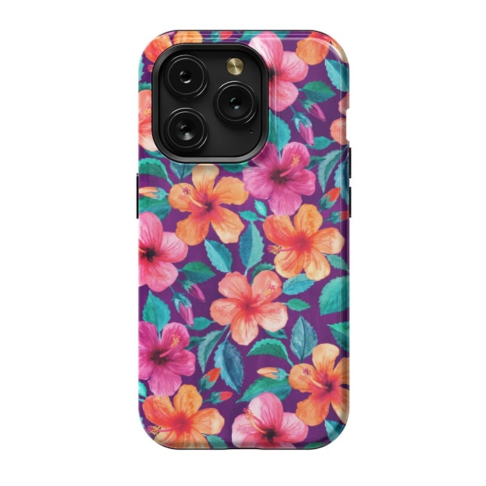 iPhone 15 Pro StrongFit Little Bright Hibiscus Blooms in Watercolor on Purple by Micklyn Le Feuvre