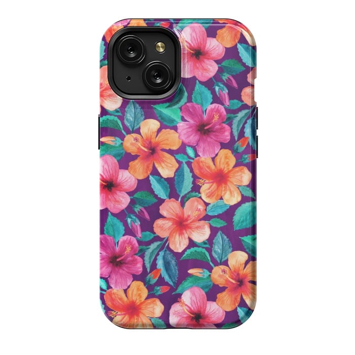 iPhone 15 StrongFit Little Bright Hibiscus Blooms in Watercolor on Purple by Micklyn Le Feuvre