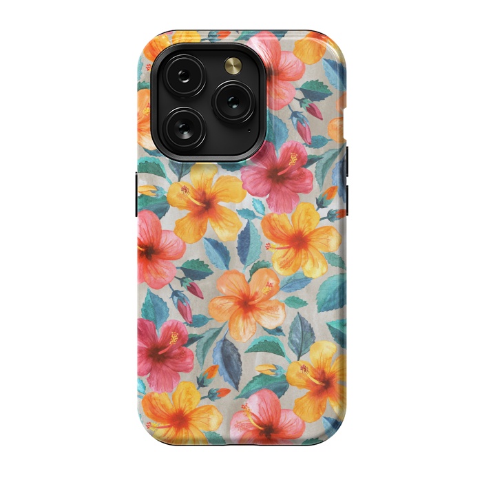iPhone 15 Pro StrongFit Little Tropical Hawaiian Hibiscus Blooms in Watercolor by Micklyn Le Feuvre