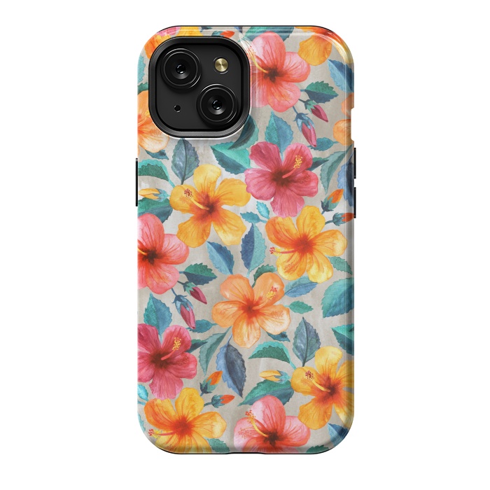 iPhone 15 StrongFit Little Tropical Hawaiian Hibiscus Blooms in Watercolor by Micklyn Le Feuvre