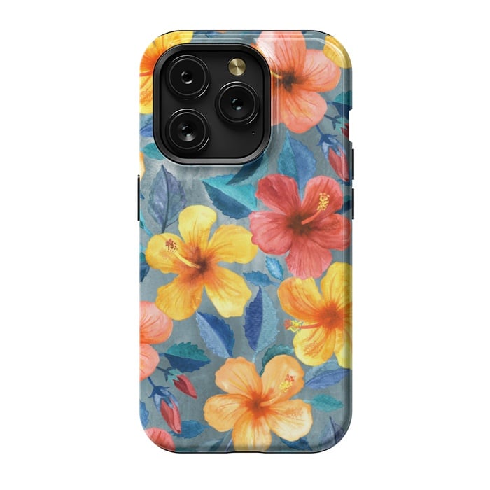 iPhone 15 Pro StrongFit Bright Summer Hibiscus Blooms in Watercolor by Micklyn Le Feuvre