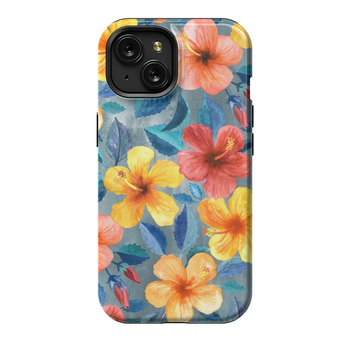 iPhone 15 StrongFit Bright Summer Hibiscus Blooms in Watercolor by Micklyn Le Feuvre