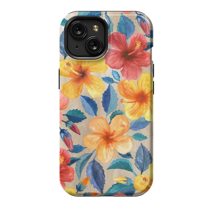 iPhone 15 StrongFit Tropical Hibiscus Blooms in Watercolor by Micklyn Le Feuvre