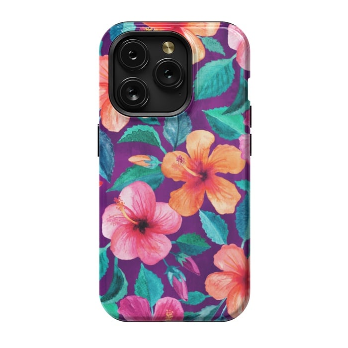 iPhone 15 Pro StrongFit Bright Hibiscus Blooms in Watercolor on Purple by Micklyn Le Feuvre