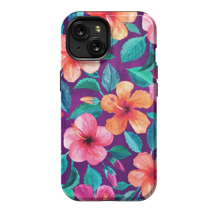 iPhone 15 StrongFit Bright Hibiscus Blooms in Watercolor on Purple by Micklyn Le Feuvre