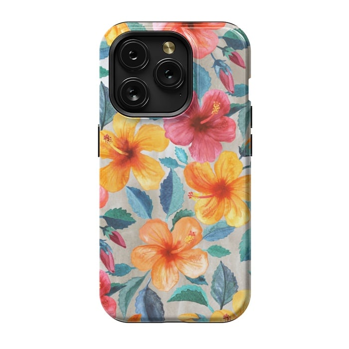 iPhone 15 Pro StrongFit Tropical Hawaiian Hibiscus Blooms in Watercolor by Micklyn Le Feuvre