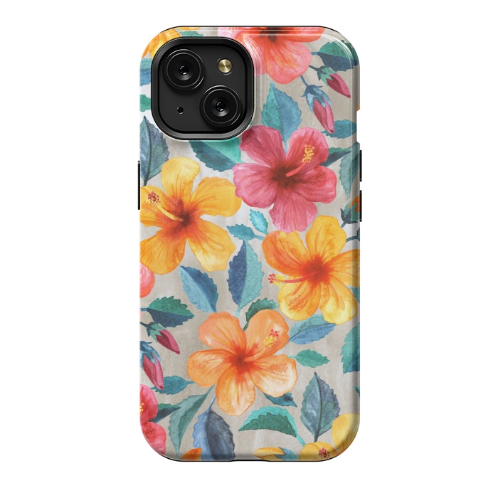 iPhone 15 StrongFit Tropical Hawaiian Hibiscus Blooms in Watercolor by Micklyn Le Feuvre