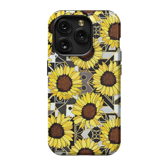 iPhone 15 Pro StrongFit Sunflowers & Geometric Gold, Black & White Background  by Tigatiga