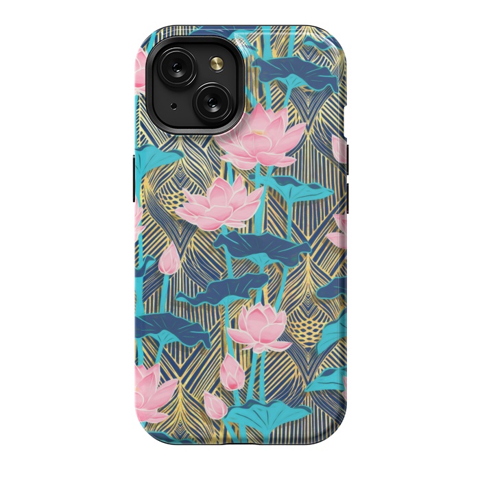 iPhone 15 StrongFit Art Deco Lotus Flowers in Pink & Navy by Micklyn Le Feuvre