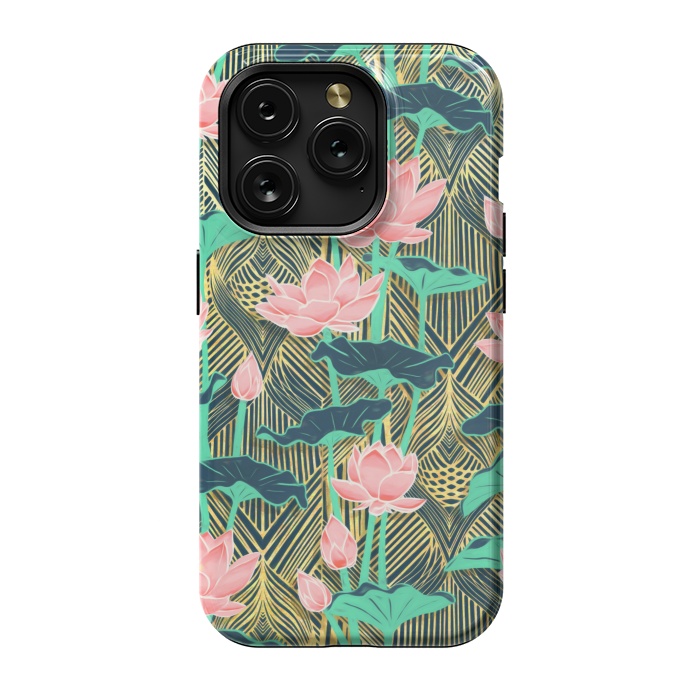 iPhone 15 Pro StrongFit Art Deco Lotus Flowers in Peach & Emerald by Micklyn Le Feuvre