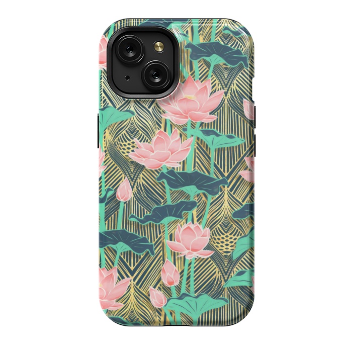 iPhone 15 StrongFit Art Deco Lotus Flowers in Peach & Emerald by Micklyn Le Feuvre