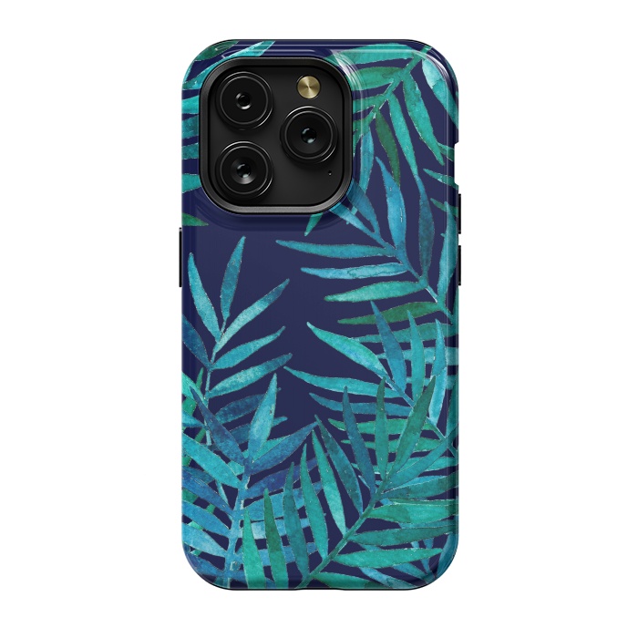 iPhone 15 Pro StrongFit Watercolor Palm Leaves on Navy Blue by Micklyn Le Feuvre