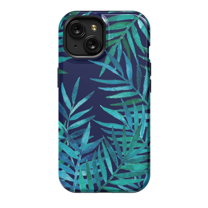 iPhone 15 StrongFit Watercolor Palm Leaves on Navy Blue by Micklyn Le Feuvre