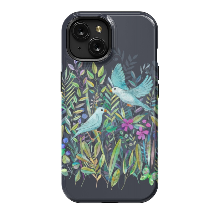 iPhone 15 StrongFit Little Garden Birds in Watercolor by Micklyn Le Feuvre