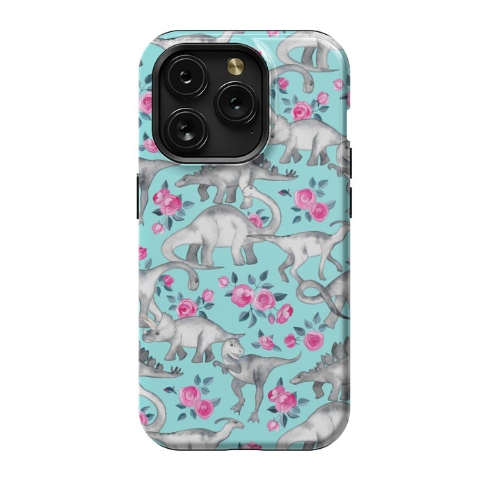 iPhone 15 Pro StrongFit Dinosaurs and Roses on Turquoise by Micklyn Le Feuvre