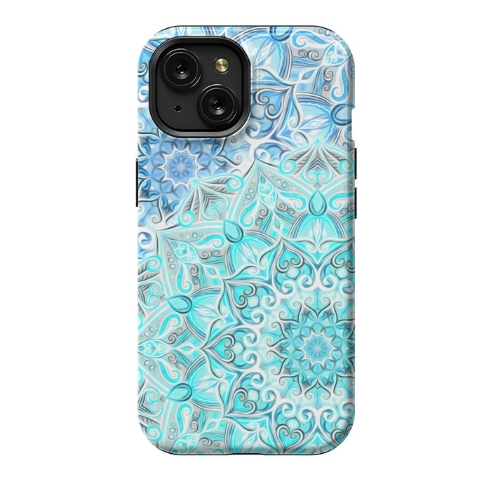 iPhone 15 StrongFit Frosted Mandalas in Aqua and Blue by Micklyn Le Feuvre