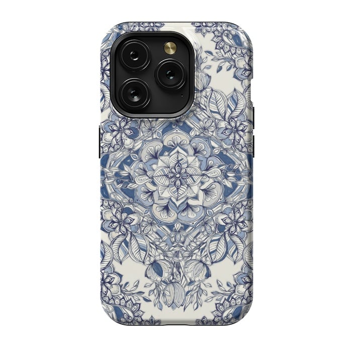 iPhone 15 Pro StrongFit Floral Diamond Doodle in Dark Blue and Cream by Micklyn Le Feuvre