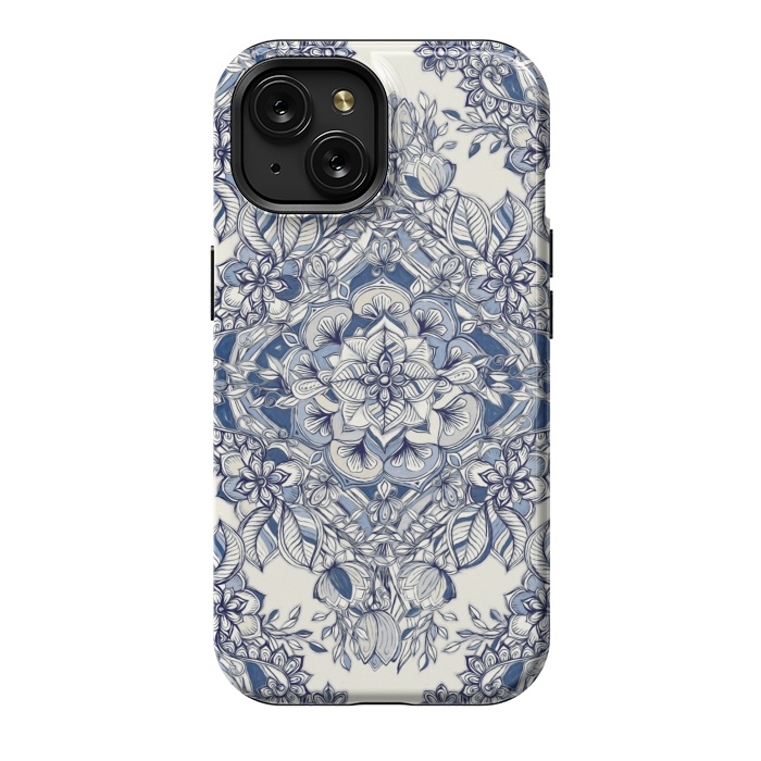 iPhone 15 StrongFit Floral Diamond Doodle in Dark Blue and Cream by Micklyn Le Feuvre