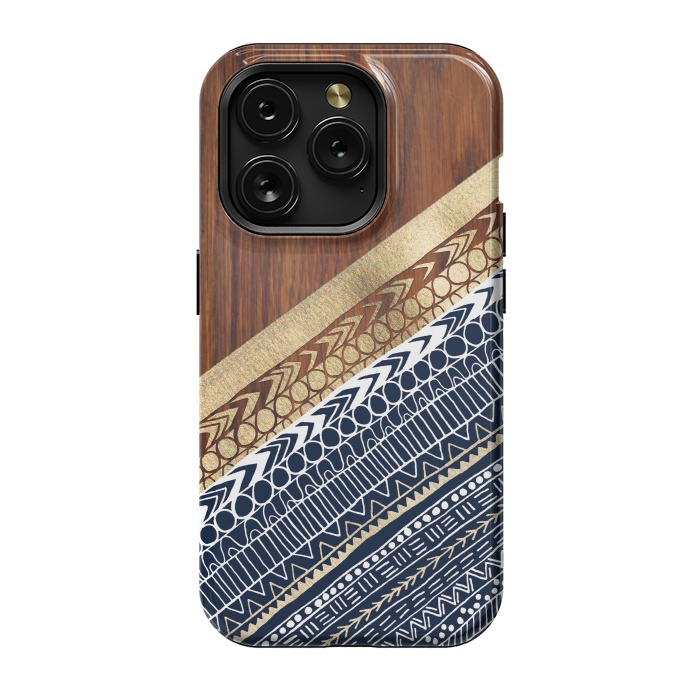 iPhone 15 Pro StrongFit Navy & Gold Tribal on Wood by Tangerine-Tane