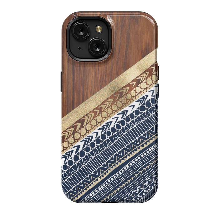 iPhone 15 StrongFit Navy & Gold Tribal on Wood by Tangerine-Tane